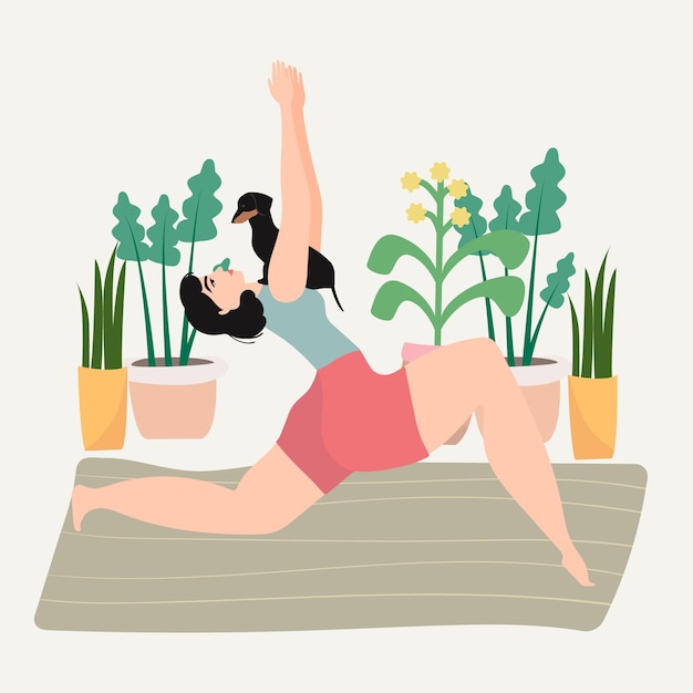 Vector illustration of a woman doing yoga with her dachshund dog