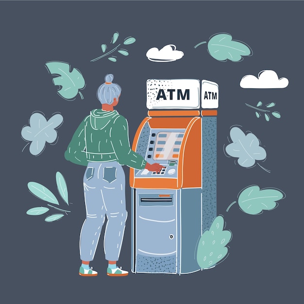 Vector illustration of woman draws out money in a cash ATM on dark backround