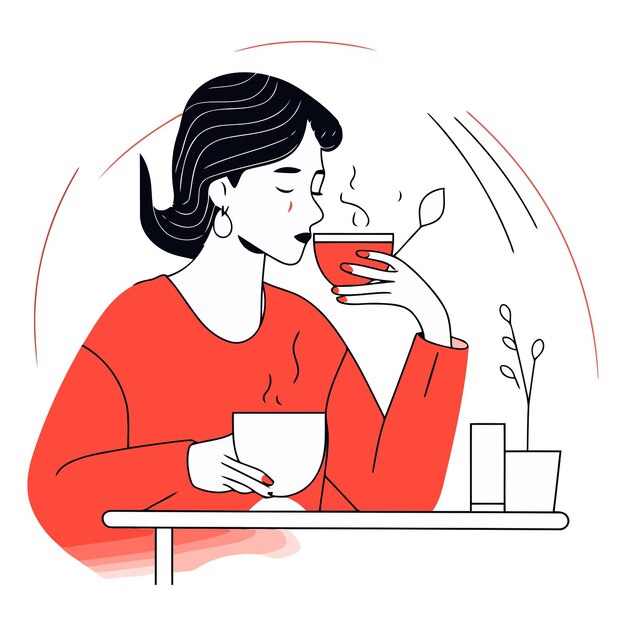 Vector vector illustration of a woman drinking tea in a cafe girl in a red sweater with a cup of coffee