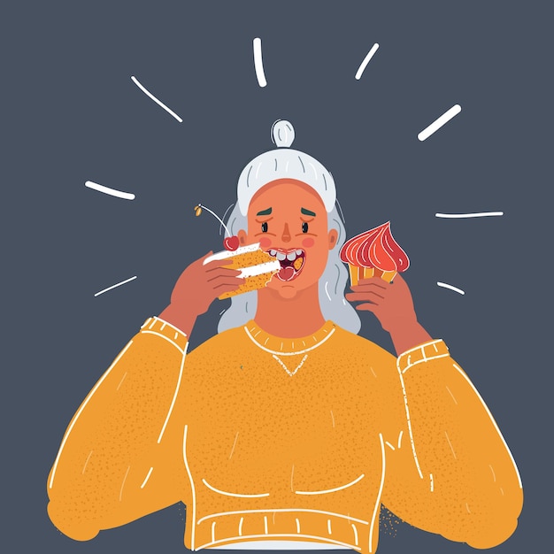 Vector vector illustration of woman eating a piece of cake on dark background