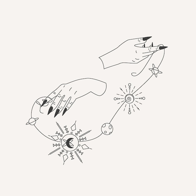 Vector vector illustration of woman hands holding planets witches hands