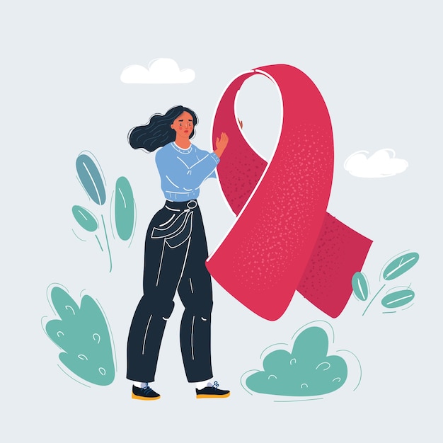 Vector illustration of woman hold ribbon Cancer symbol