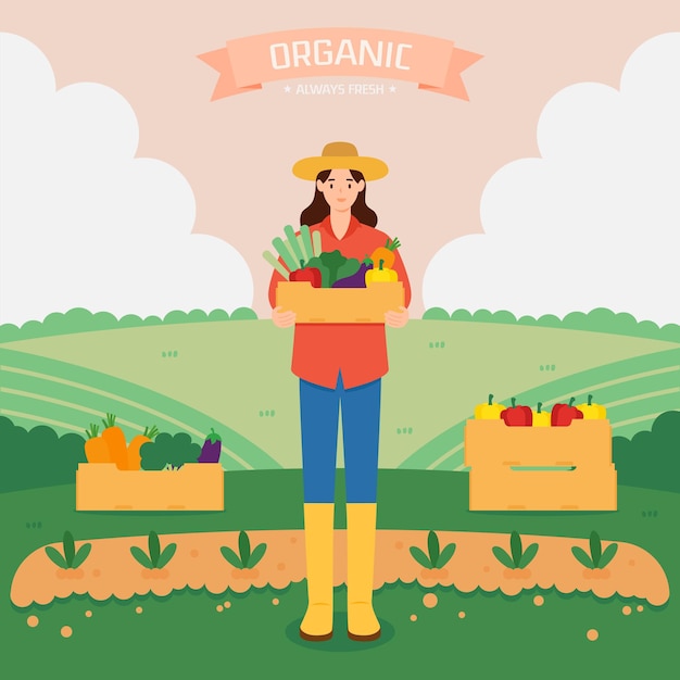 Vector vector illustration of a woman holding a box of fresh vegetables on the farm