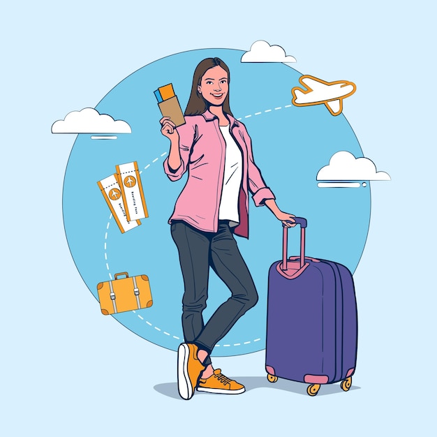 Vector vector illustration woman holding tickets for vacationai