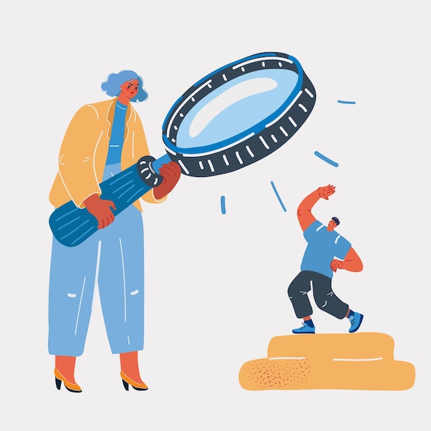 Vector vector illustration of woman looking at the man through a magnifying glass staff recruitment or specialist search or choosing a guy consept