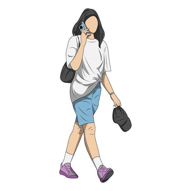 Vector vector illustration of a woman making a telephone call while walking carrying a hat