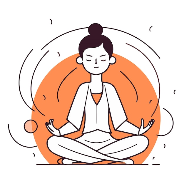 Vector vector illustration of a woman meditating in lotus pose on orange background