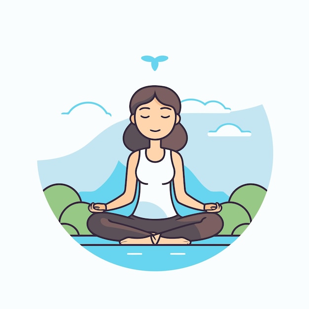 Vector illustration of woman meditating in lotus position on nature background