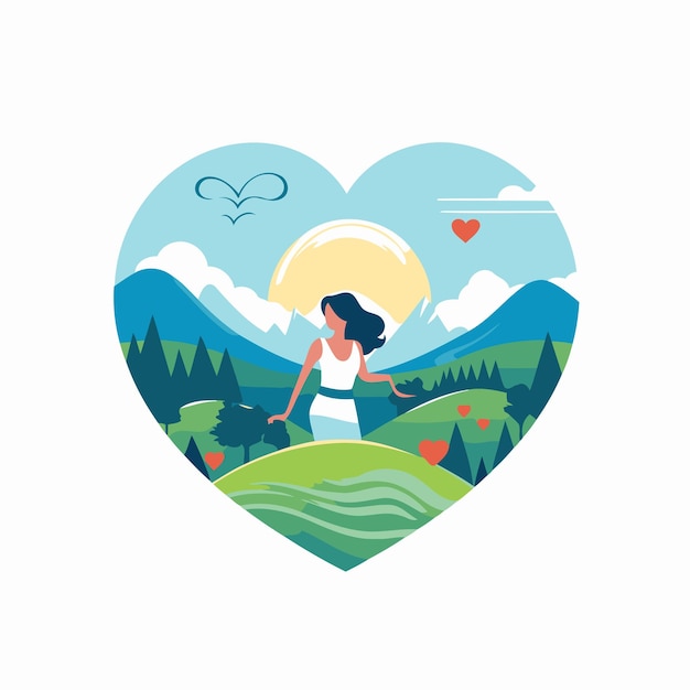 Vector vector illustration of a woman in the mountains in the form of a heart