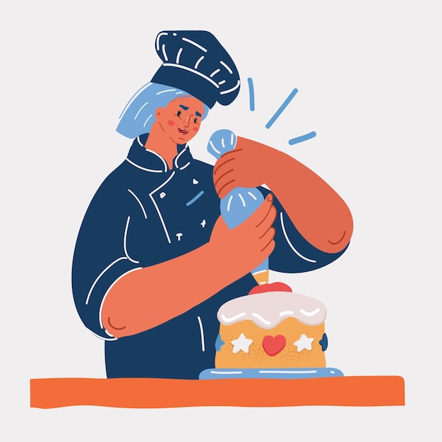 Vettore l'illustrazione di vettore del pasticcere della donna fa la torta