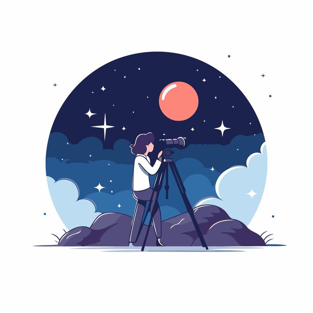 Vector illustration of a woman photographer with a camera on a tripod taking pictures of the night sky