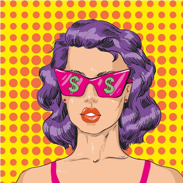 Illustrazione vettoriale di una donna con occhiali da sole rosa con il segno del dollaro in stile comico pop art retrò guarda la vita attraverso occhiali rosati