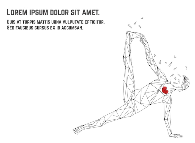 Vector illustration of woman practicing yoga asana made from polygon and dots technic Red heart inside