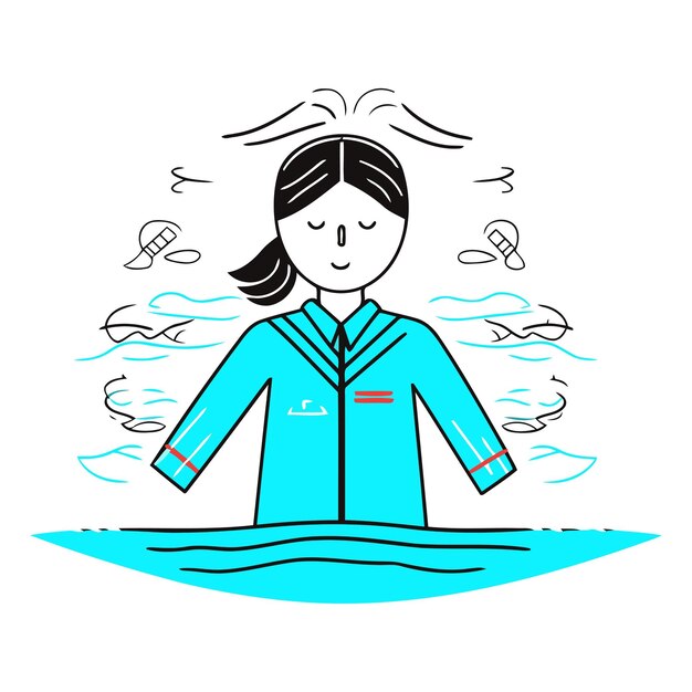 Vector vector illustration of a woman in a protective suit in the sea