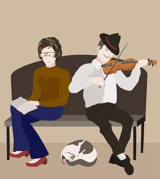 Vettore illustrazione vettoriale di donna che legge un libro, uomo che suona un violino e un gatto addormentato.