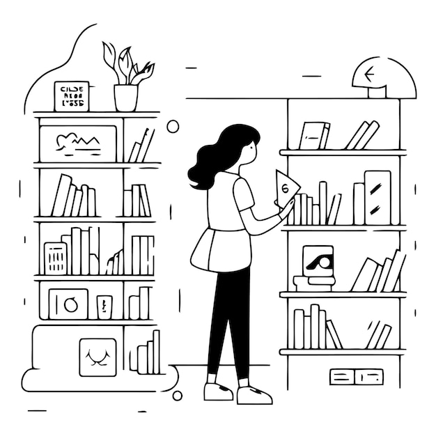 Векторная иллюстрация женщины, читающей книгу на полке в библиотеке Плоская линия художественного дизайна для веб-сайта рекламных баннеров, плакатов и печати