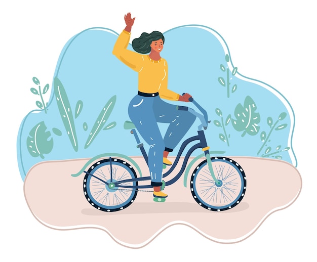 Vector vector illustration of woman riding on a bicycle in the park