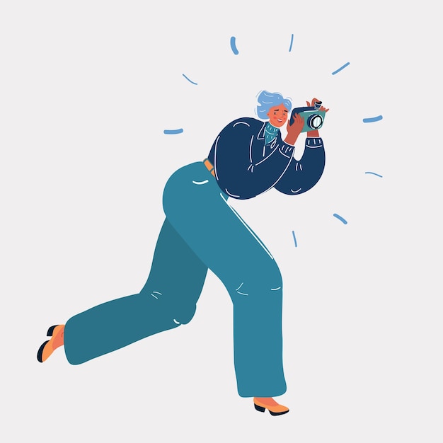 Vector illustration of Woman running and taking a Photo Paparazzi photographer concept