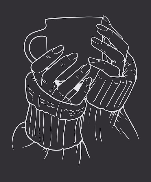 Vector illustration of woman's hands in sweater holding cup of coffee isolated on black background