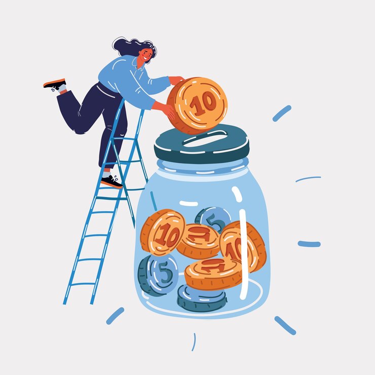 Vector vector illustration of woman saving her money in glass jar with coin