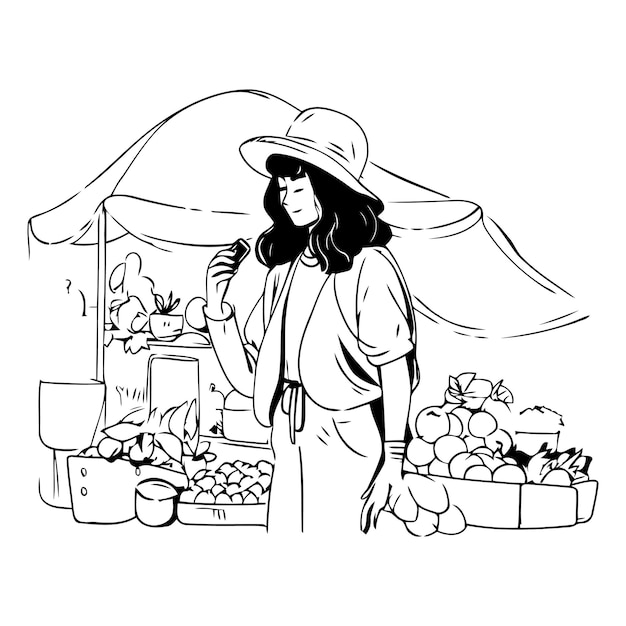 Vector illustration of a woman selling fruits and vegetables at the market