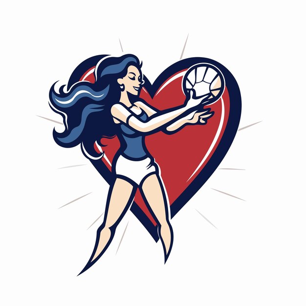 Vector illustration of a woman soccer player holding ball with heart in the background