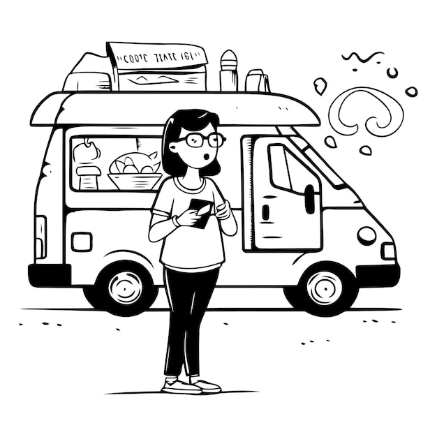 Vector vector illustration of a woman standing near the camper van with food