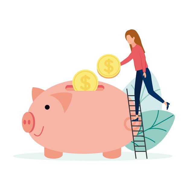 Vector vector illustration of a woman standing on a stepladder throws coins into a piggy bank on a background of leaves