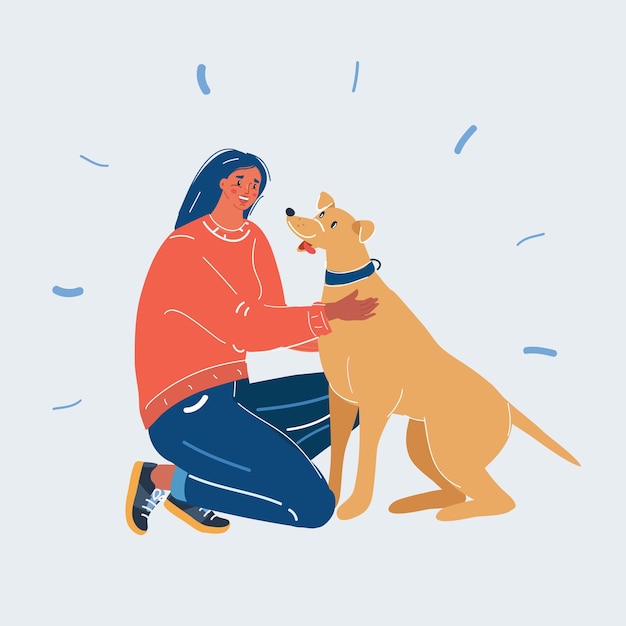 Vector illustration of woman strokes her dog on white backround