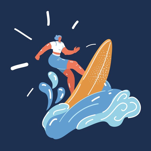 Vector vector illustration of woman surfing on big wave over dark backround