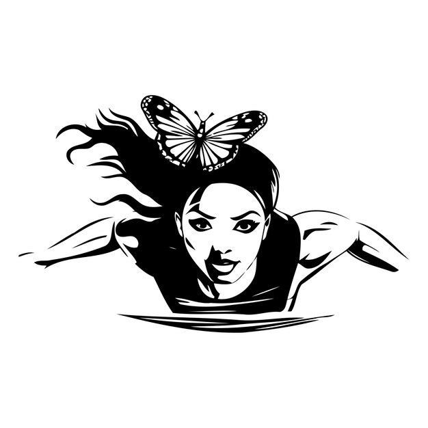 Vector vector illustration of a woman swimming in the sea with a butterfly