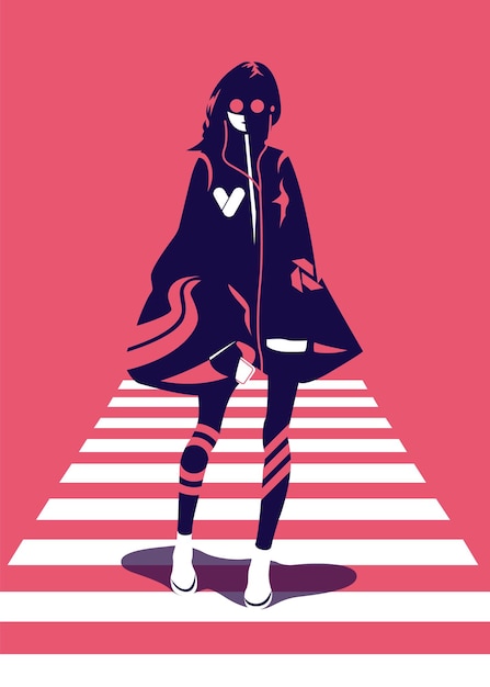 Vector vector illustration of woman in trendy style crossing a zebra cross seen from the front