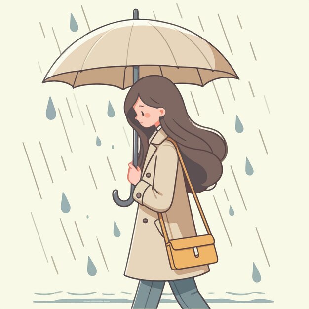 Vector vector illustration of a woman walking in the rain