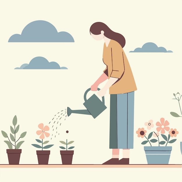 Vector vector illustration of woman watering plants