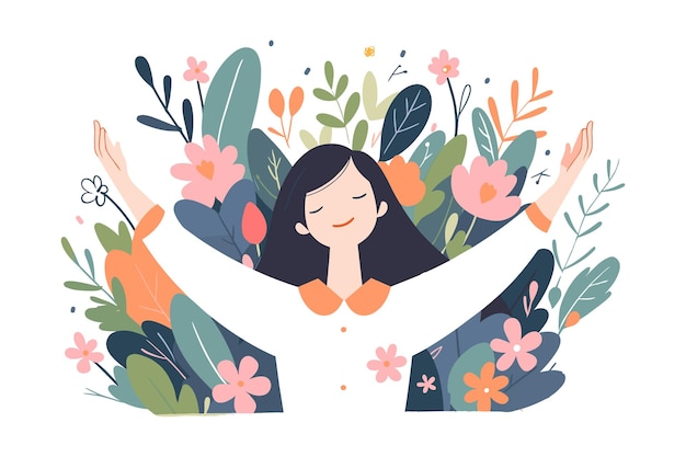 Vector vector illustration of a woman with arms outstretched celebrating spring symbol