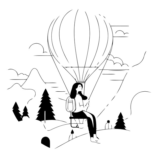 Vector vector illustration of a woman with a backpack and a hot air balloon in the mountains