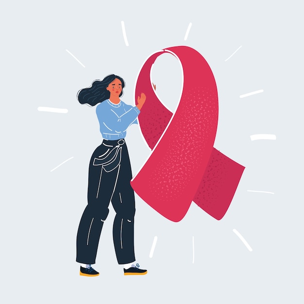 Vector illustration of woman with big pink ribbon breast cancer awareness world breast cancer day on