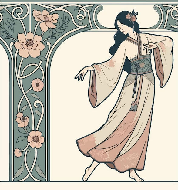 Vettore illustrazione vettoriale di una donna con fiori in stile art nouveau piatto