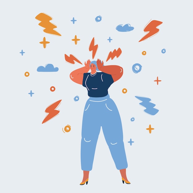Vector illustration of woman with headache holding her hand to the head