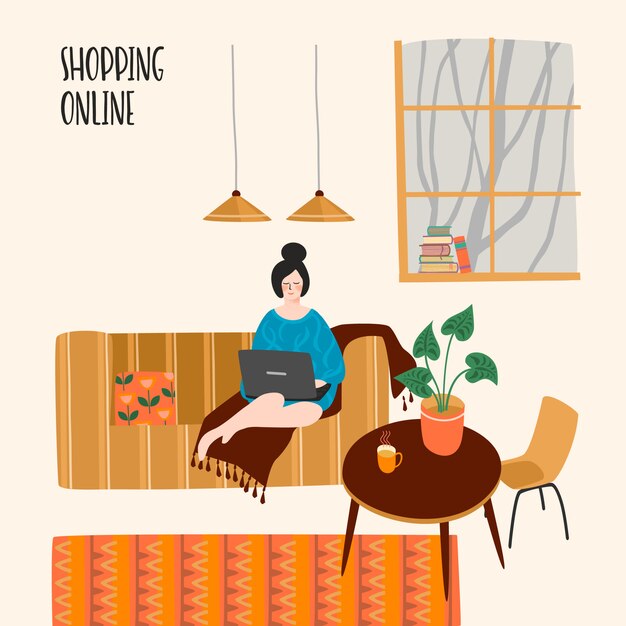 Vector illustration of woman with laptop at home