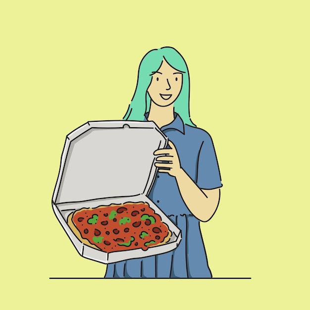 Vettore illustrazione vettoriale di una donna con una pizza in una scatola