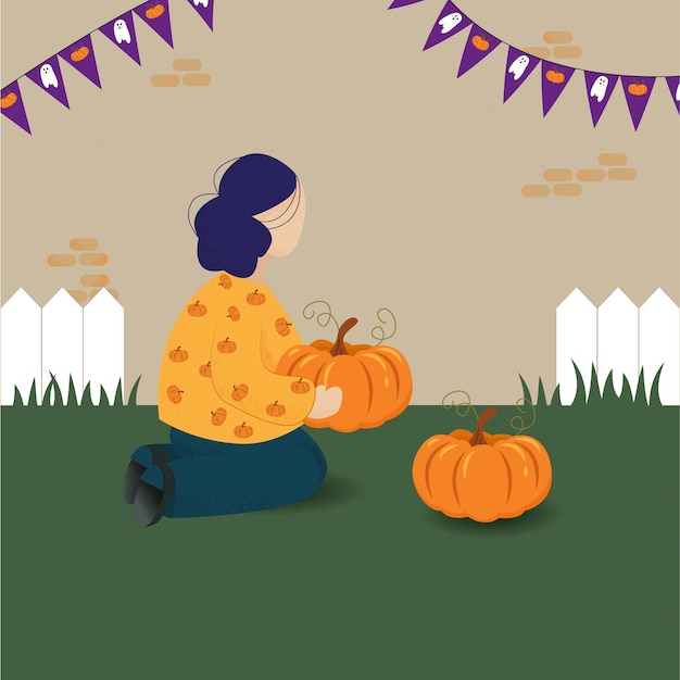 ベクトル かぼちゃを持つベクトル イラスト女性