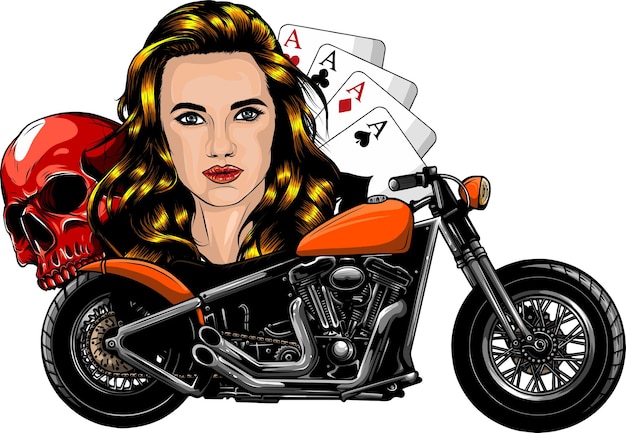 векторная иллюстрация женщины с черепом и мотоциклом на белом фоне, цифровая ручная работа