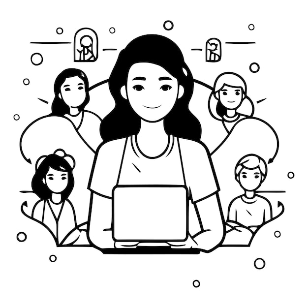 Vector vector illustration of woman working on laptop with group of people around