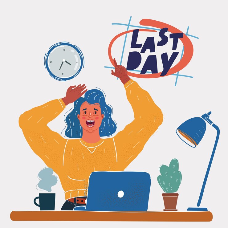 Vector vector illustration of womanat the office sitting at the desk last day concept the woman suddenly realizes idea female character is panicking on white backround