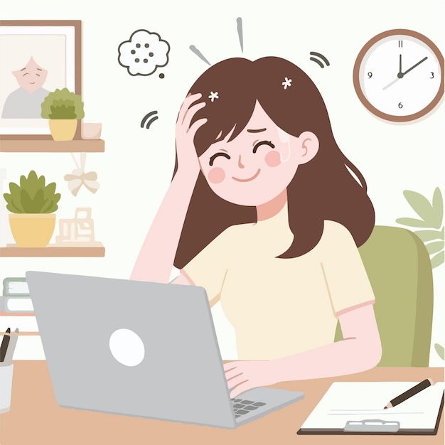 Vector vector illustration of a women get stressed easily at work with a simple and minimalist flat design