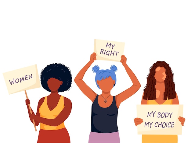 Illustrazione vettoriale di donne che tengono cartelli, striscioni e cartelli su una manifestazione di protesta o un picchetto.