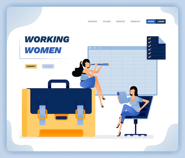 Vettore illustrazione vettoriale di donne sedute su sedie da lavoro e valigette metafora dell'uguaglianza di genere che le donne possono lavorare. il design può essere utilizzato per siti web, poster, volantini, app, pubblicità, promozione, marketing