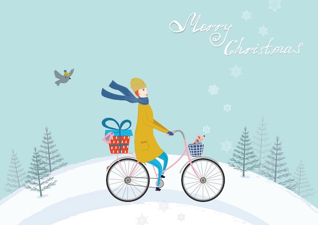 Vettore illustrazione vettoriale di donne che viaggiano in bicicletta con regalo di natale e cane