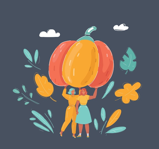 Vector illustration women with big pumpkin on dark